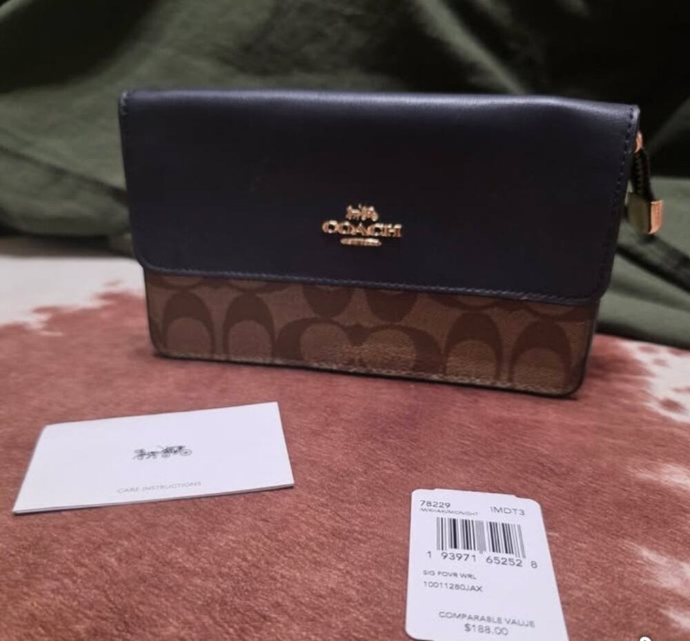 NWT Coach 78229 Signature Foldover Clutch Wallet Midnight Navy - No Strap